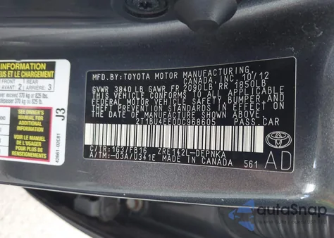 2013 Toyota Corolla Le from USA, damaged, VIN 2T1BU4EE0DC968605